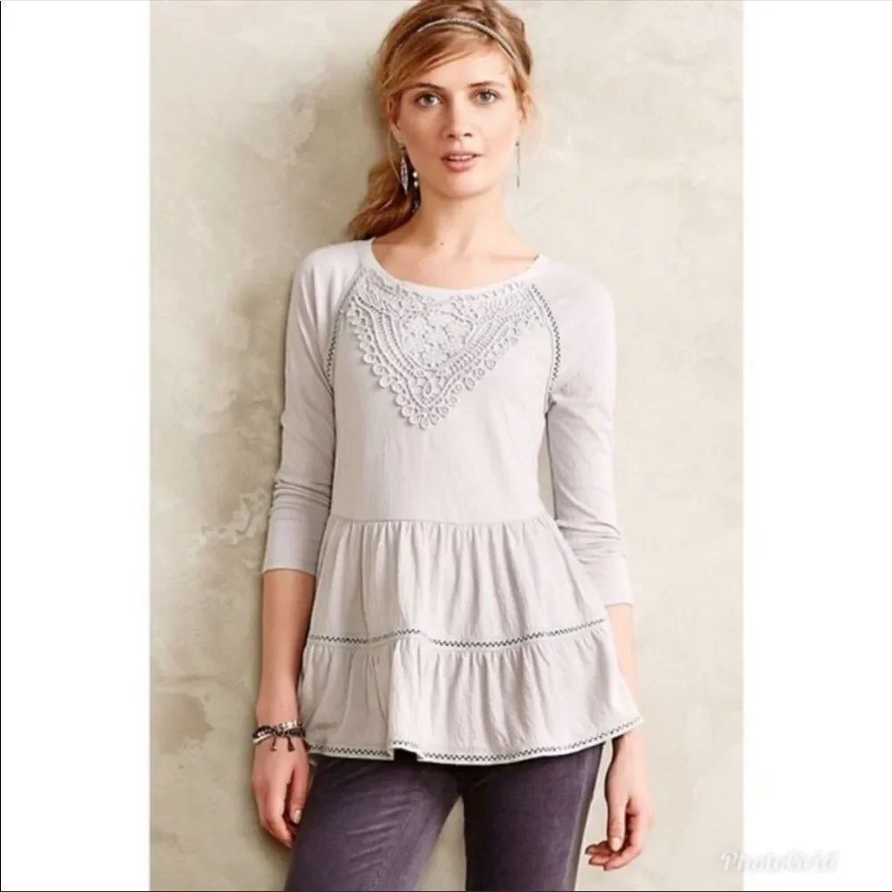 ANTHROPOLOGIE | Meadow Rue 3/4 Sleeve Tiered Crochet Top Medium